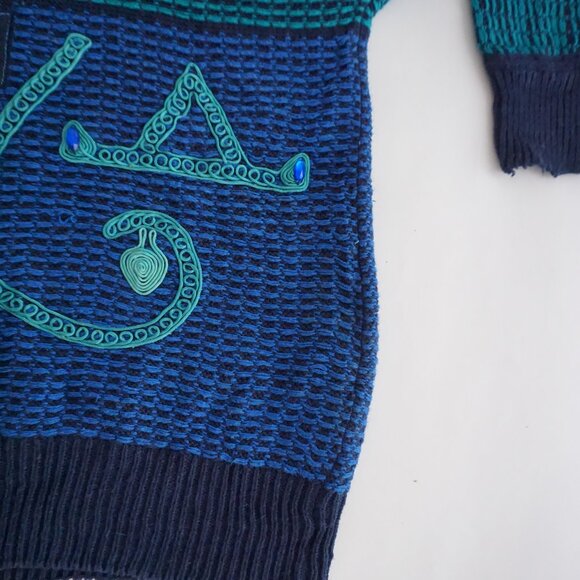 Vintage Bonnie Blue Teal Geometric Beaded Collared Button Front Sweater L - Picture 8 of 11